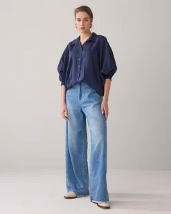 Blouse with bat sleeves